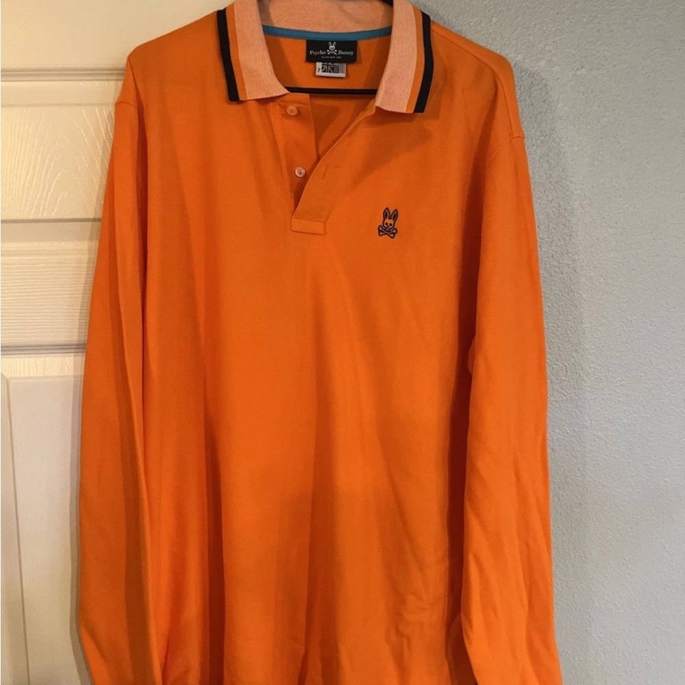Psycho Bunny Mens Long Sleeve Polo Shirt Orange Jersey Mesh